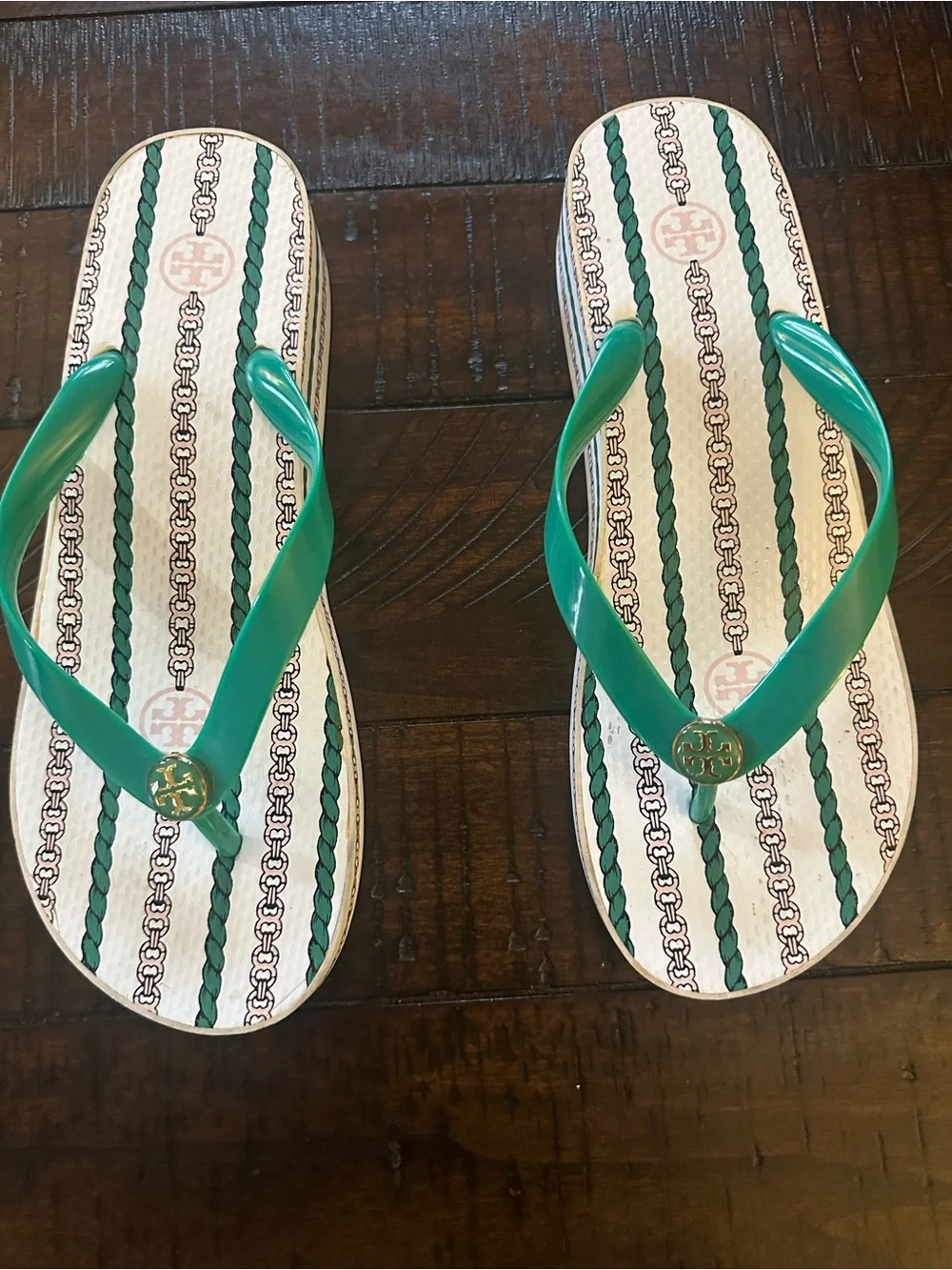 Tory Burch Green Logo Strap Patterned Footbed Sandals